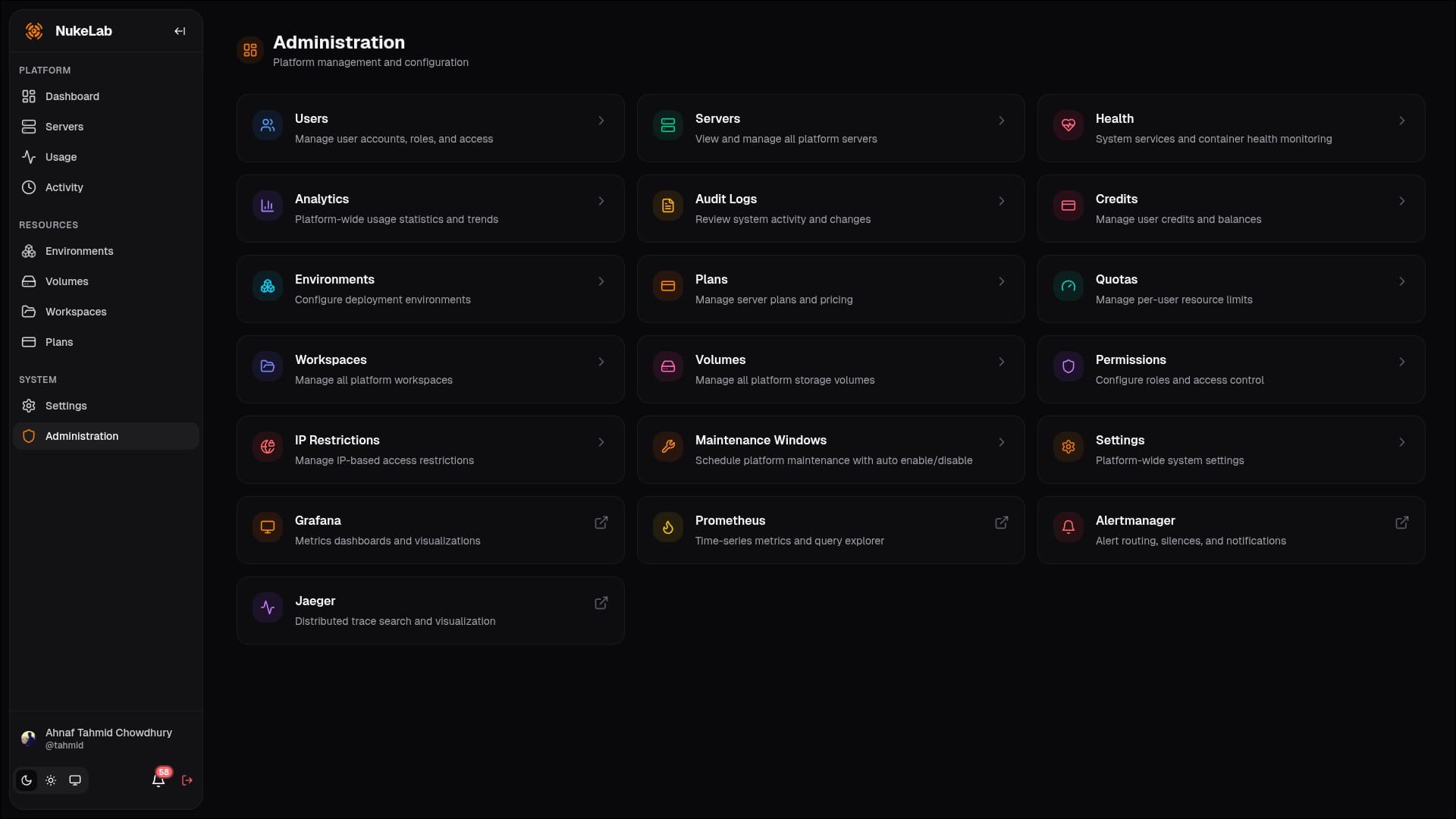 The NukeLab administration panel with cards for users, servers, quotas, permissions, audit logs, credits, and monitoring links