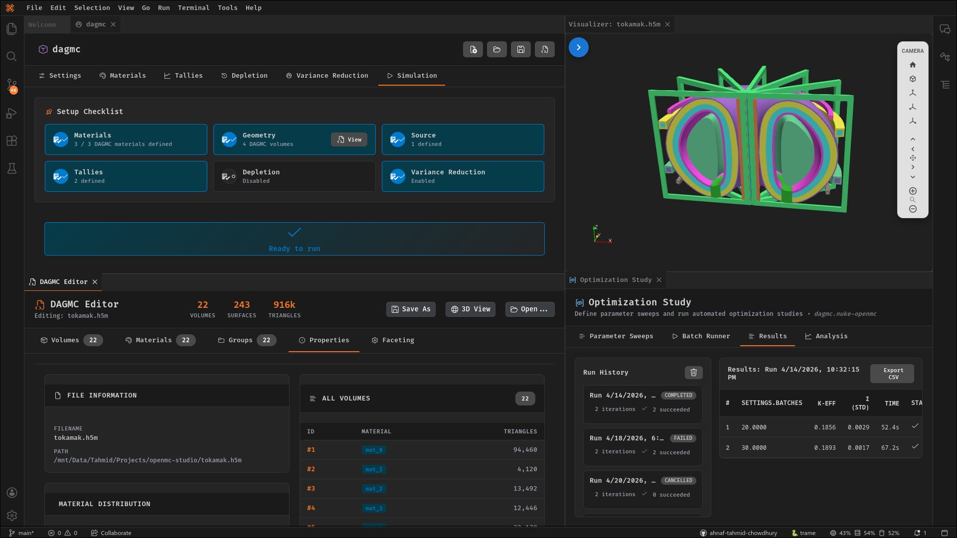 NukeIDE running OpenMC Studio: the DAGMC editor on a tokamak model, the 3-D visualizer, and an optimization study panel